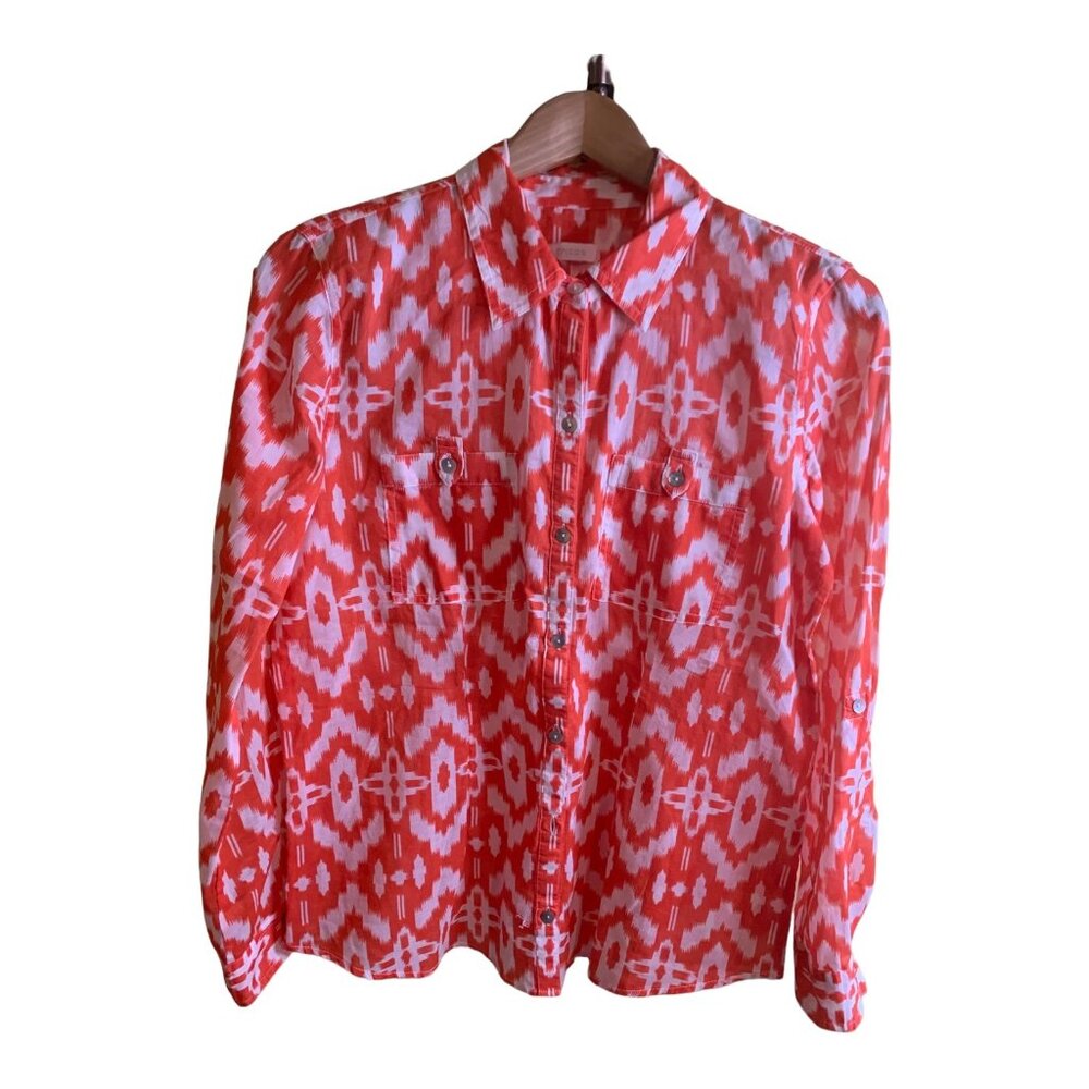 Chicos Shirt Womens Size 1 Geometric Print Shirt 100% Cotton Long Sleeve Orange